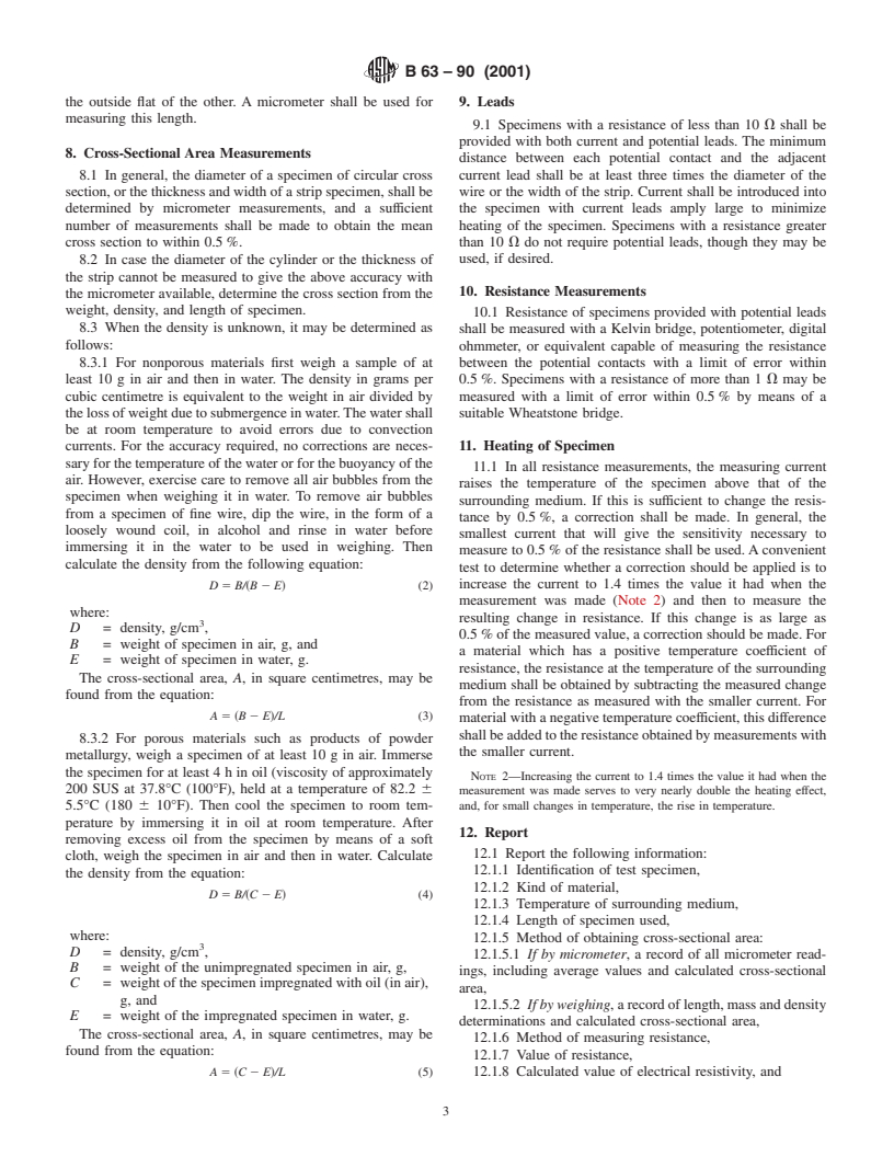 ASTM B63-90(2001) - Standard Test Method for Resistivity of Metallically Conducting Resistance and Contact Materials