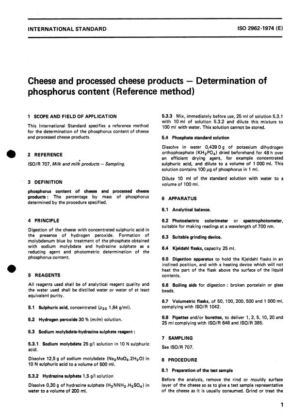 ISO 2962:1974 - Cheese and processed cheese products -- Determination of phosphorus content (Reference method)