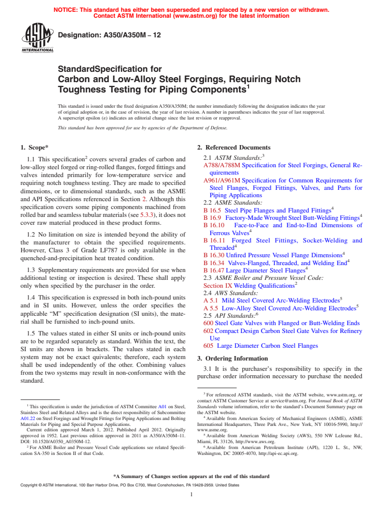 ASTM A350/A350M-12 - Standard Specification for  Carbon and Low-Alloy Steel Forgings, Requiring Notch Toughness Testing for Piping Components