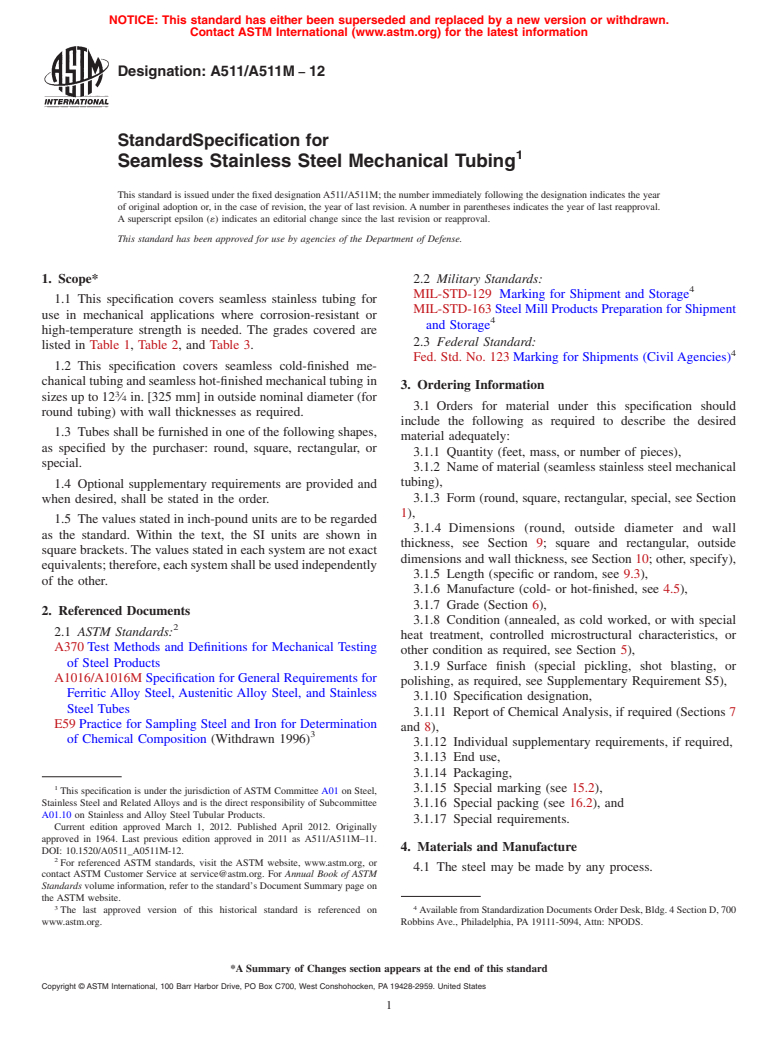 ASTM A511/A511M-12 - Standard Specification for  Seamless Stainless Steel Mechanical Tubing