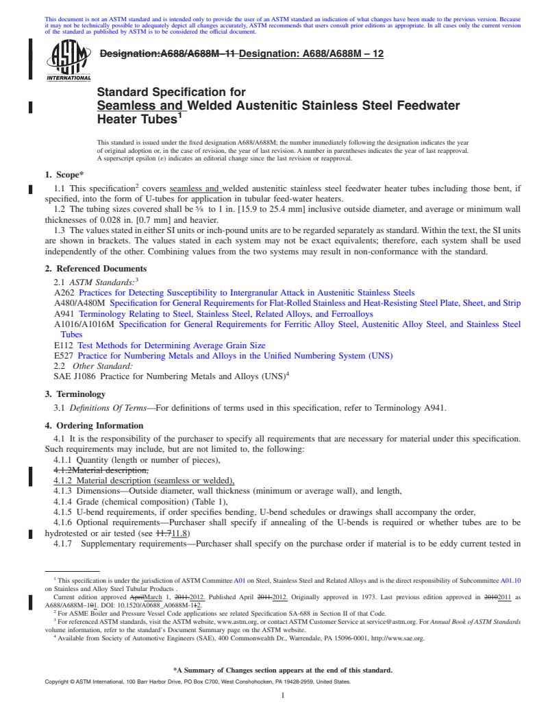 REDLINE ASTM A688/A688M-12 - Standard Specification for  Seamless and Welded Austenitic Stainless Steel Feedwater Heater Tubes