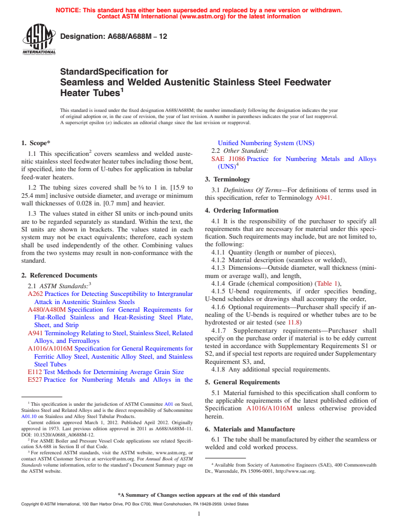 ASTM A688/A688M-12 - Standard Specification for  Seamless and Welded Austenitic Stainless Steel Feedwater Heater Tubes