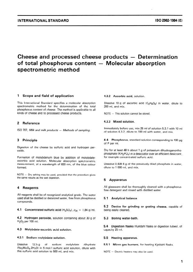ISO 2962:1984 - Cheese and processed cheese products -- Determination of total phosphorus content -- Molecular absorption spectrometric method