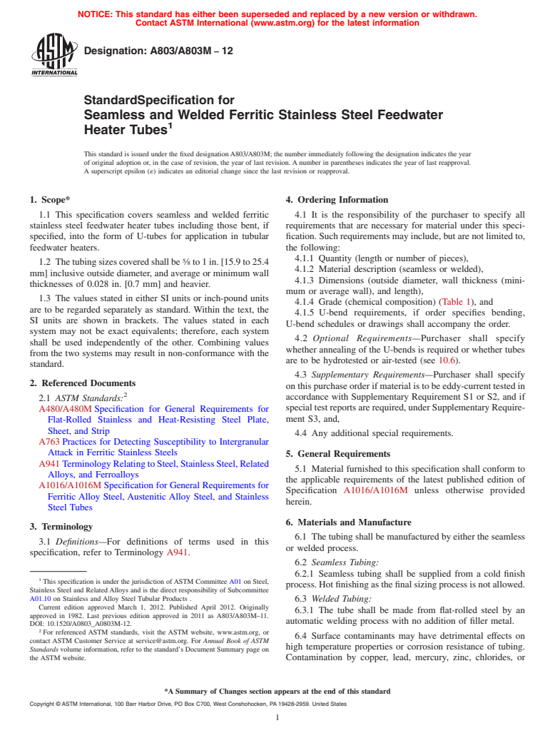 ASTM A803/A803M-12 - Standard Specification for  Seamless and Welded Ferritic Stainless Steel Feedwater Heater Tubes