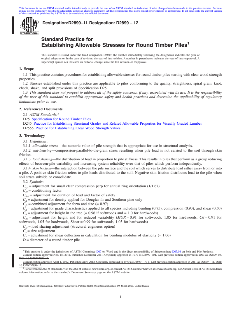 REDLINE ASTM D2899-12 - Standard Practice for  Establishing Allowable Stresses for Round Timber Piles