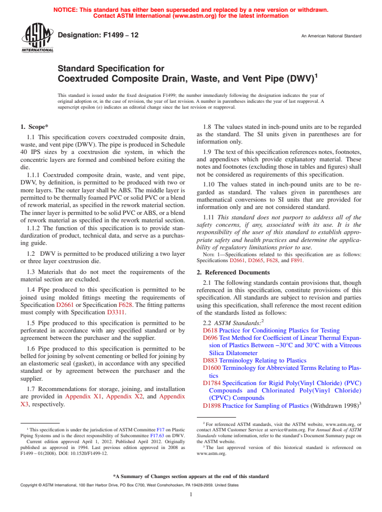 ASTM F1499-12 - Standard Specification for Coextruded Composite Drain, Waste, and Vent Pipe (DWV)