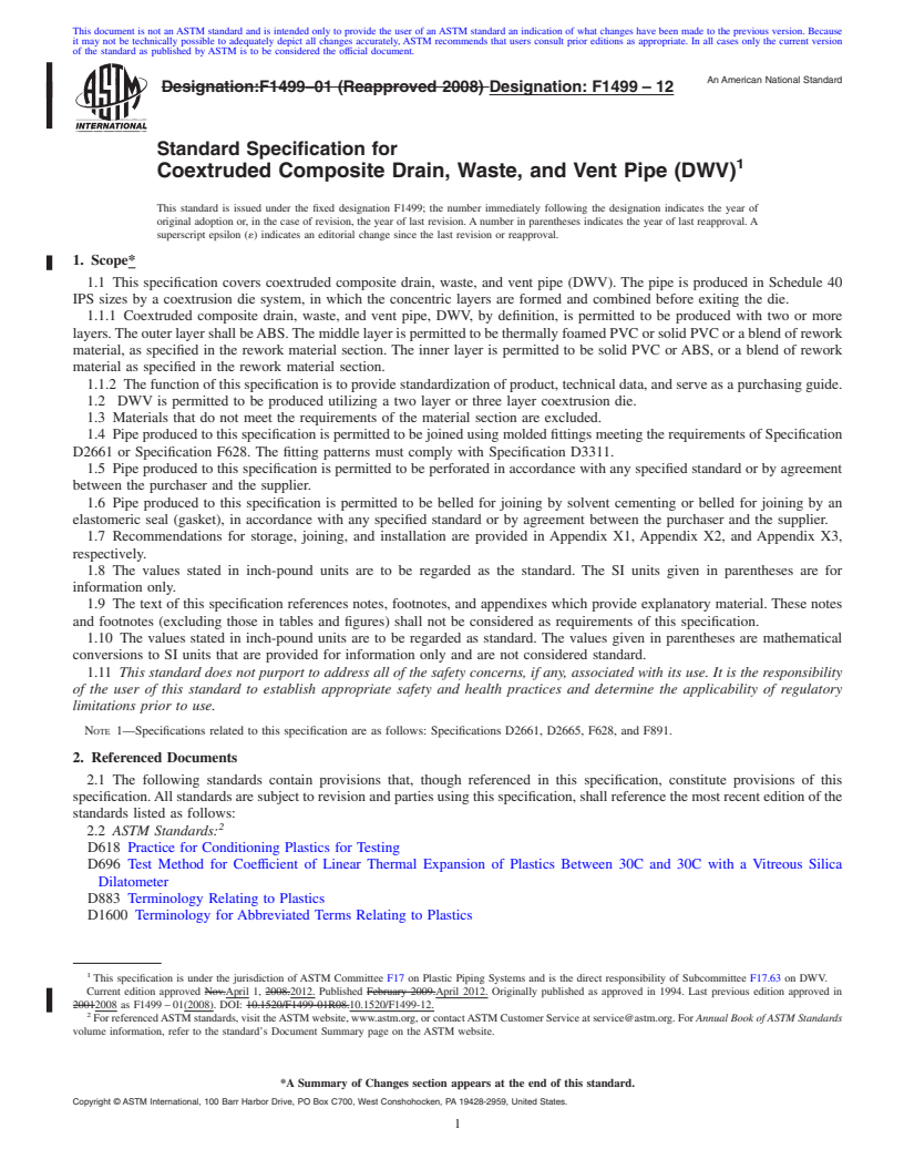 REDLINE ASTM F1499-12 - Standard Specification for Coextruded Composite Drain, Waste, and Vent Pipe (DWV)