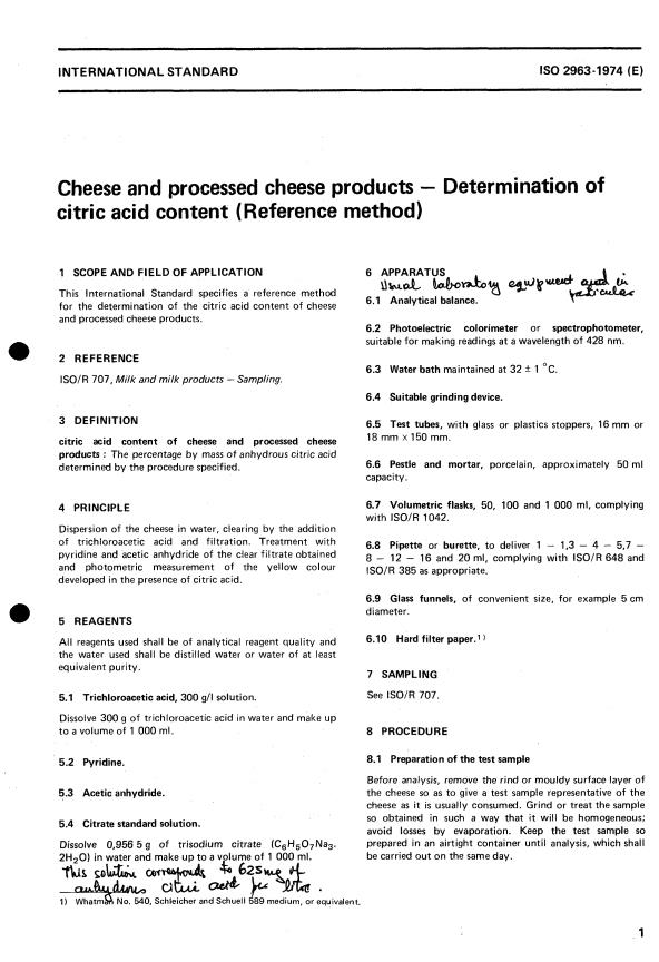 ISO 2963:1974 - Cheese and processed cheese products -- Determination of citric acid content (Reference method)
