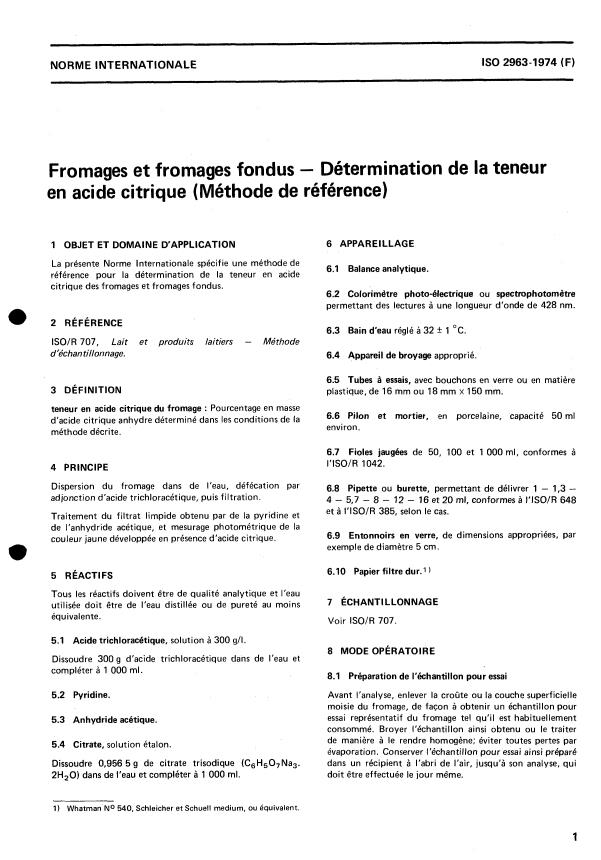 ISO 2963:1974 - Fromages et fromages fondus -- Détermination de la teneur en acide citrique (Méthode de référence)