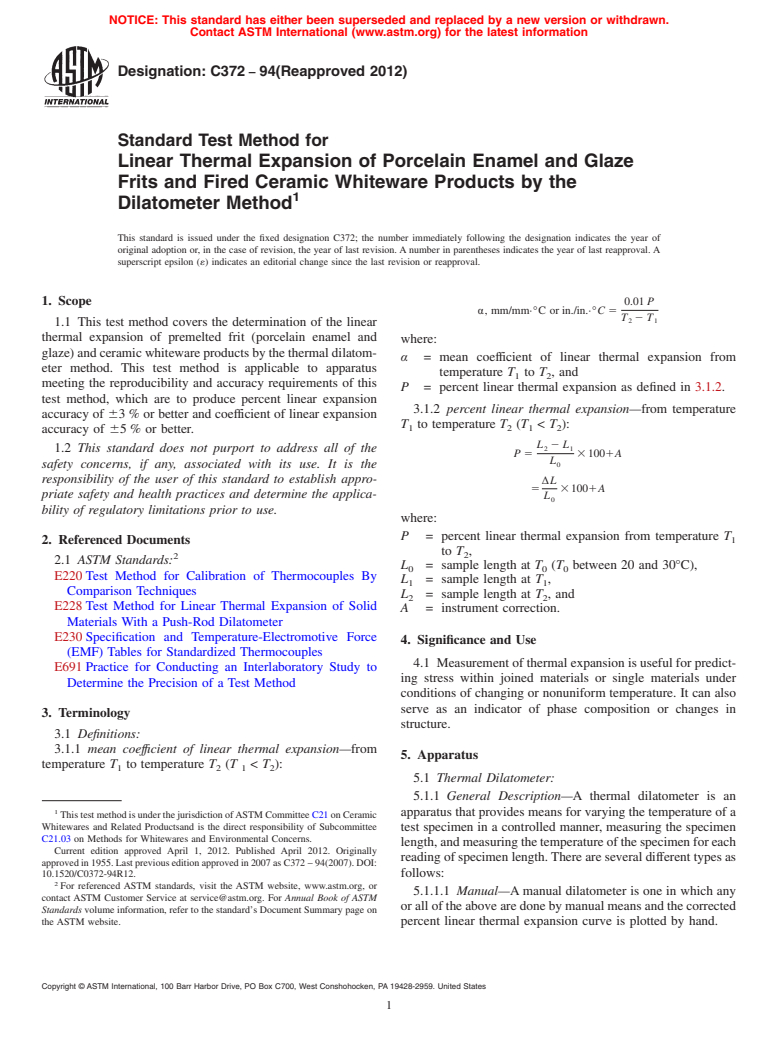 ASTM C372-94(2012) - Standard Test Method for  Linear Thermal Expansion of Porcelain Enamel and Glaze Frits and Fired Ceramic Whiteware Products by the Dilatometer Method