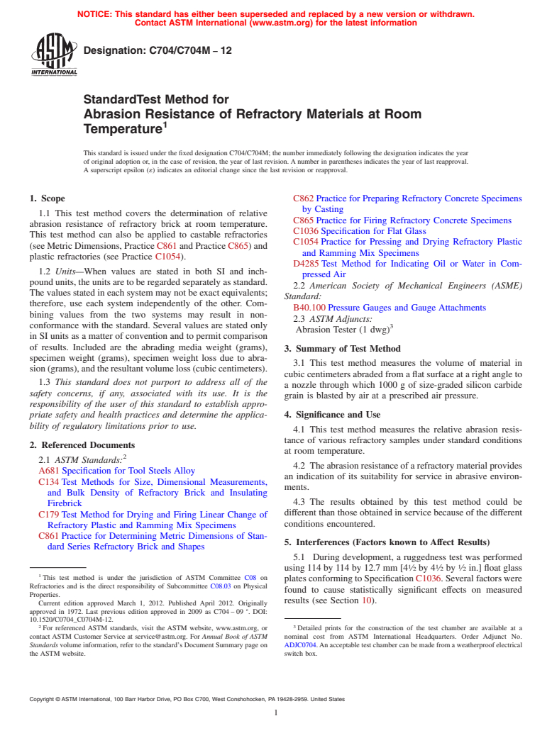 ASTM C704/C704M-12 - Standard Test Method for Abrasion Resistance of Refractory Materials at Room Temperature