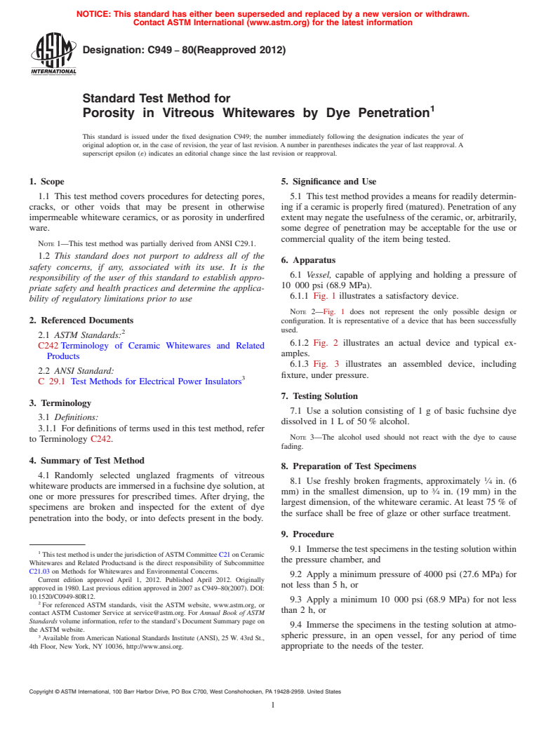 ASTM C949-80(2012) - Standard Test Method for  Porosity&thinsp; in&thinsp; Vitreous&thinsp; Whitewares&thinsp; by&thinsp; Dye&thinsp; Penetration