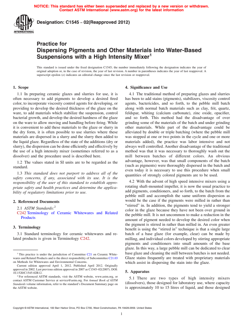 ASTM C1545-02(2012) - Practice for Dispersing Pigments and Other Materials into Water-Based Suspensions with a High Intensity Mixer