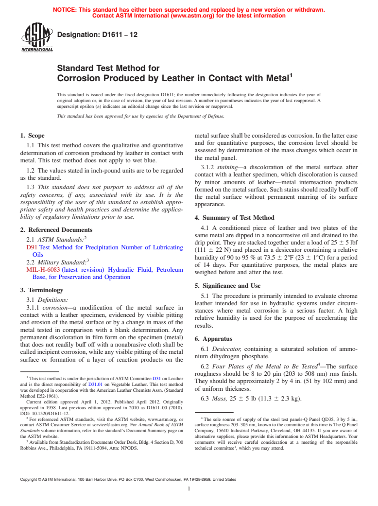 ASTM D1611-12 - Standard Test Method for  Corrosion Produced by Leather in Contact with Metal