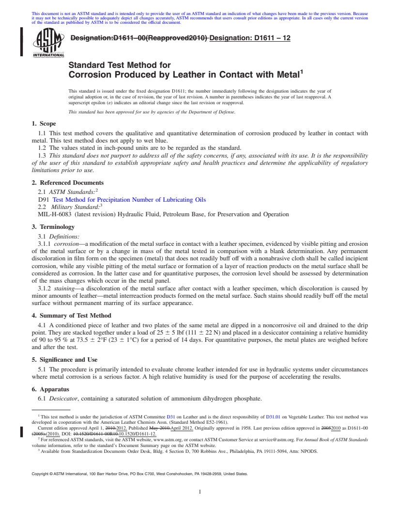 REDLINE ASTM D1611-12 - Standard Test Method for  Corrosion Produced by Leather in Contact with Metal