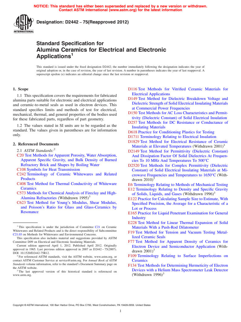 ASTM D2442-75(2012) - Standard Specification for  Alumina Ceramics for Electrical and Electronic Applications