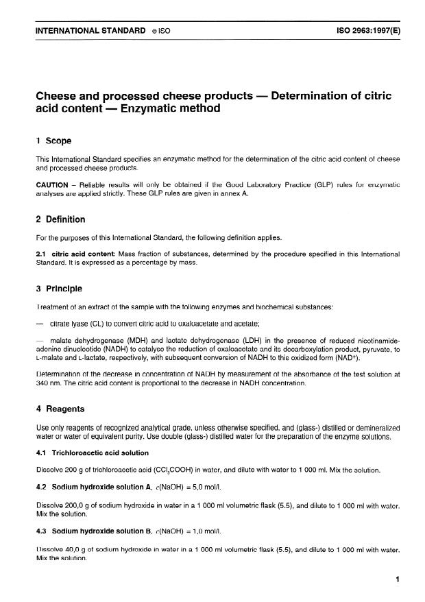 ISO 2963:1997 - Cheese and processed cheese products -- Determination of citric acid content -- Enzymatic method