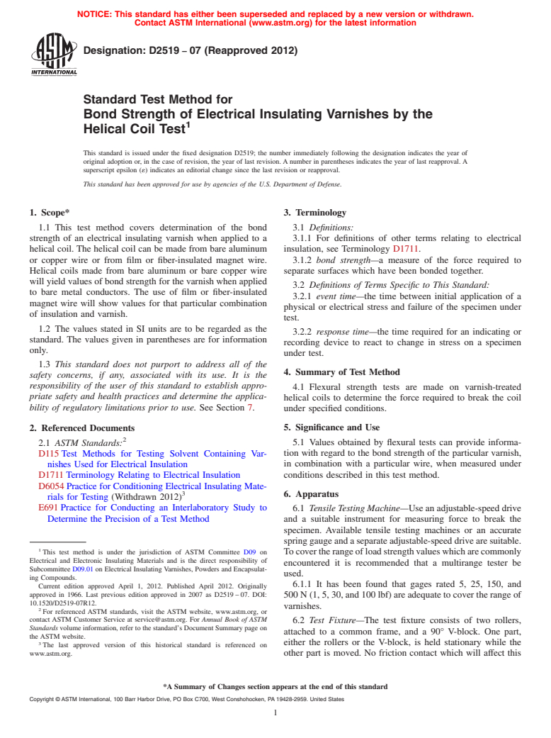 ASTM D2519-07(2012) - Standard Test Method for  Bond Strength of Electrical Insulating Varnishes by the Helical Coil Test