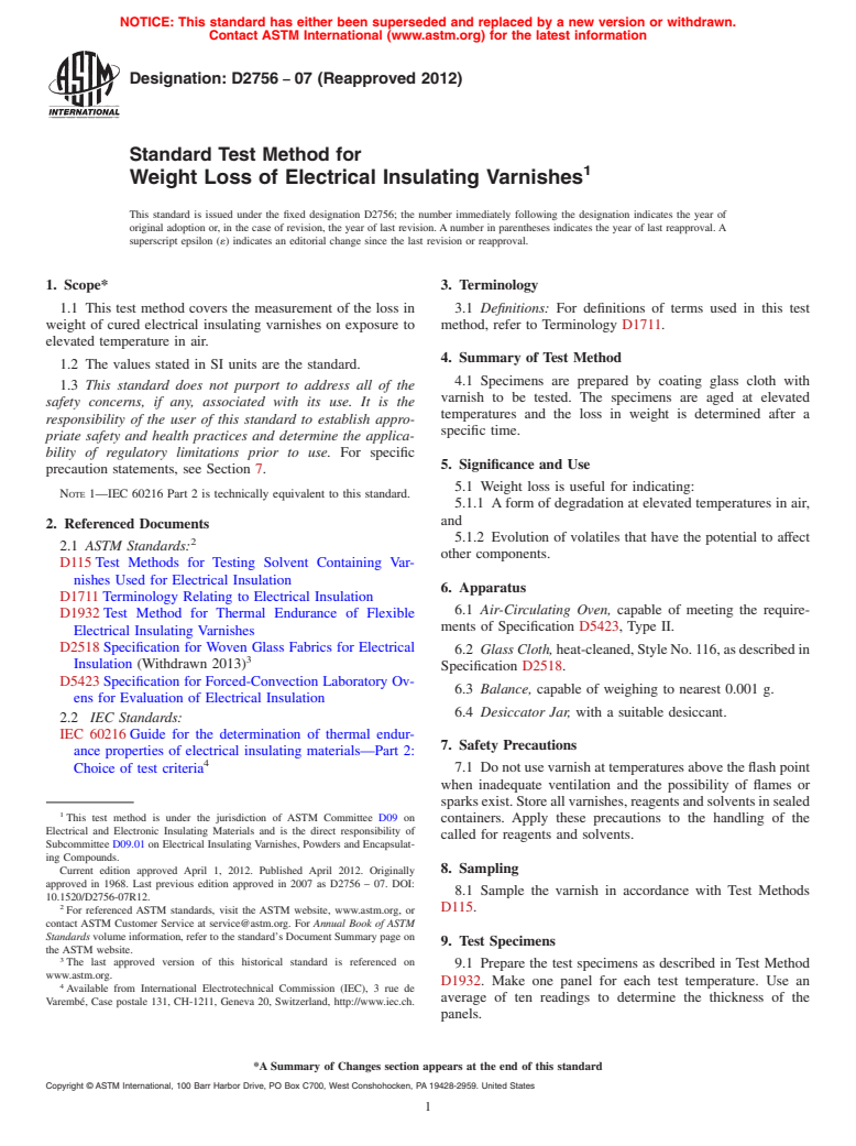 ASTM D2756-07(2012) - Standard Test Method for  Weight Loss of Electrical Insulating Varnishes