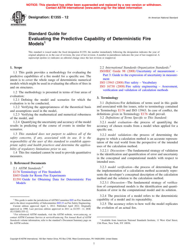 ASTM E1355-12 - Standard Guide for Evaluating the Predictive Capability of Deterministic Fire Models