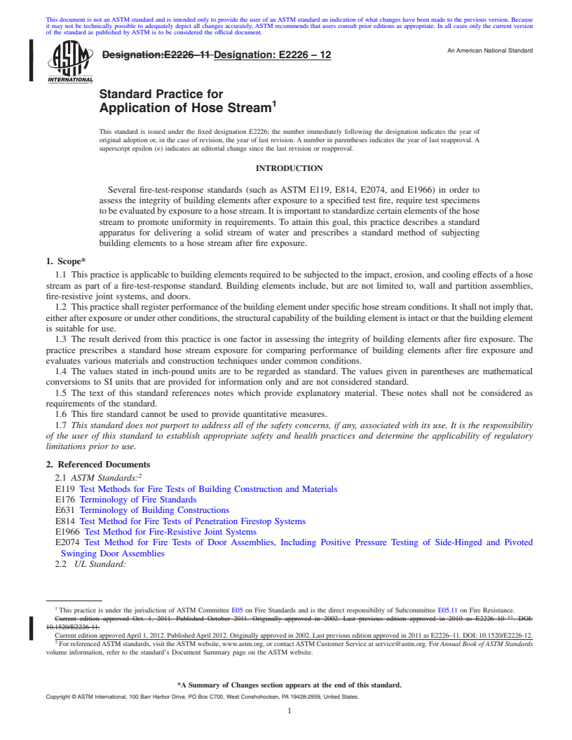 REDLINE ASTM E2226-12 - Standard Practice for Application of Hose Stream