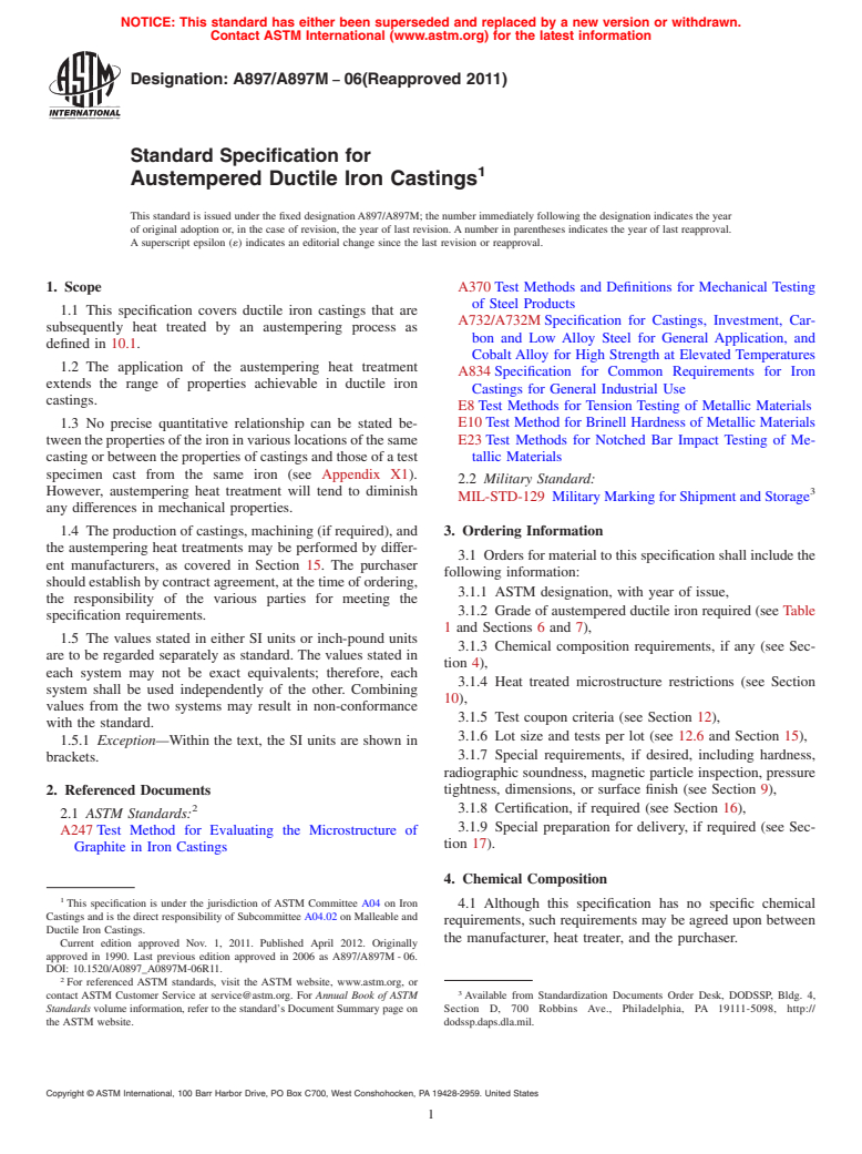 ASTM A897/A897M-06(2011) - Standard Specification for Austempered Ductile Iron Castings