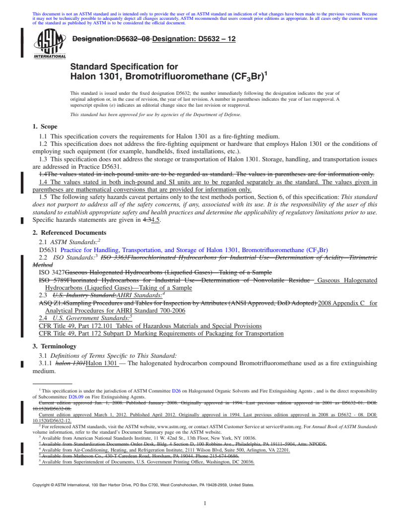 REDLINE ASTM D5632-12 - Standard Specification for Halon 1301, Bromotrifluoromethane (CF<sub>3</sub>Br)