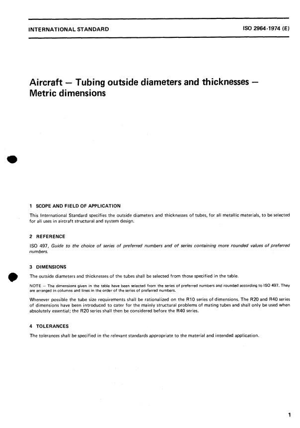 ISO 2964:1974 - Aircraft -- Tubing outside diameters and thicknesses -- Metric dimensions