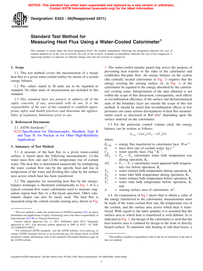 ASTM E422-05(2011) - Standard Test Method for  Measuring Heat Flux Using a Water-Cooled Calorimeter