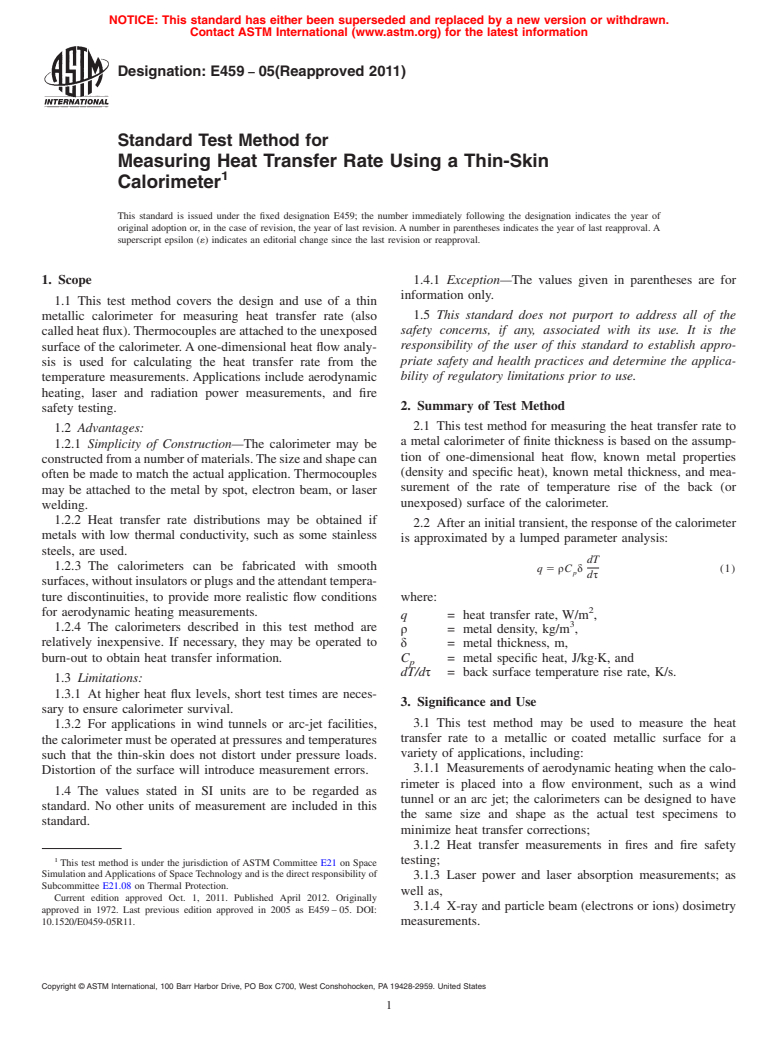 ASTM E459-05(2011) - Standard Test Method for  Measuring Heat Transfer Rate Using a Thin-Skin Calorimeter