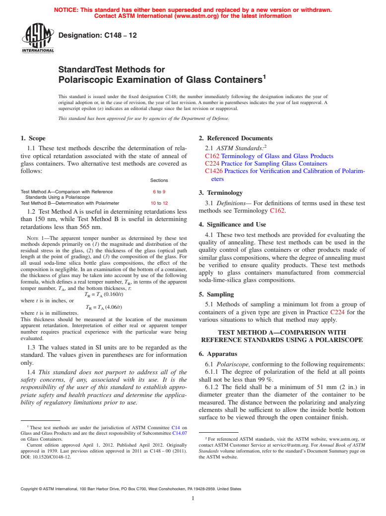 ASTM C148-12 - Standard Test Methods for Polariscopic Examination of Glass Containers