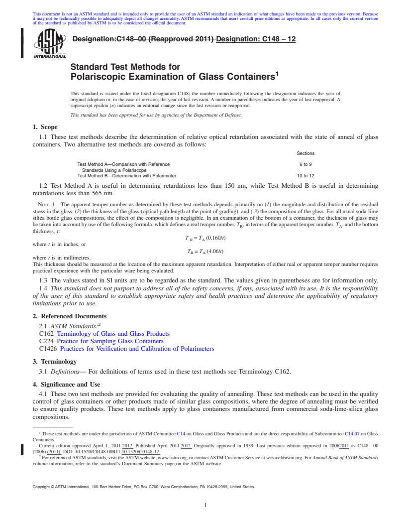 REDLINE ASTM C148-12 - Standard Test Methods for Polariscopic Examination of Glass Containers