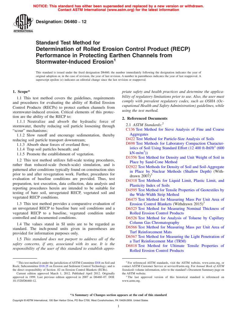 ASTM D6460-12 - Standard Test Method for Determination of Rolled Erosion Control Product (RECP) Performance in Protecting Earthen Channels from Stormwater-Induced Erosion