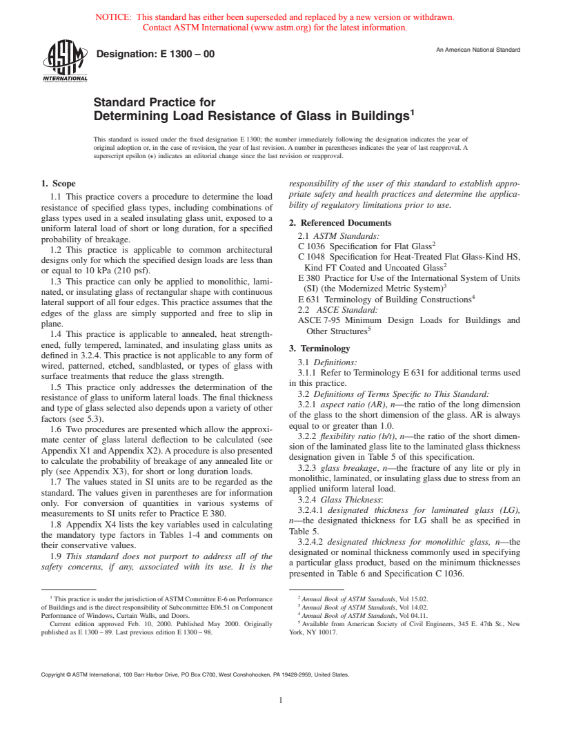 ASTM E1300-00 - Standard Practice for Determining Load Resistance of Glass in Buildings