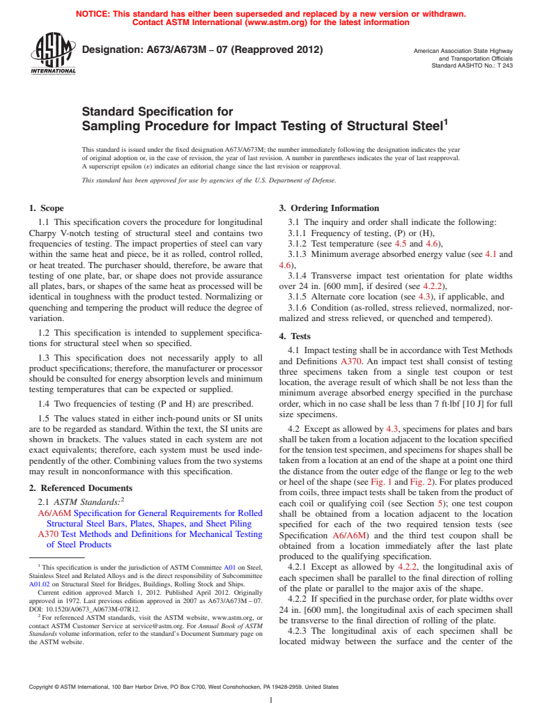 ASTM A673/A673M-07(2012) - Standard Specification for  Sampling Procedure for Impact Testing of Structural Steel