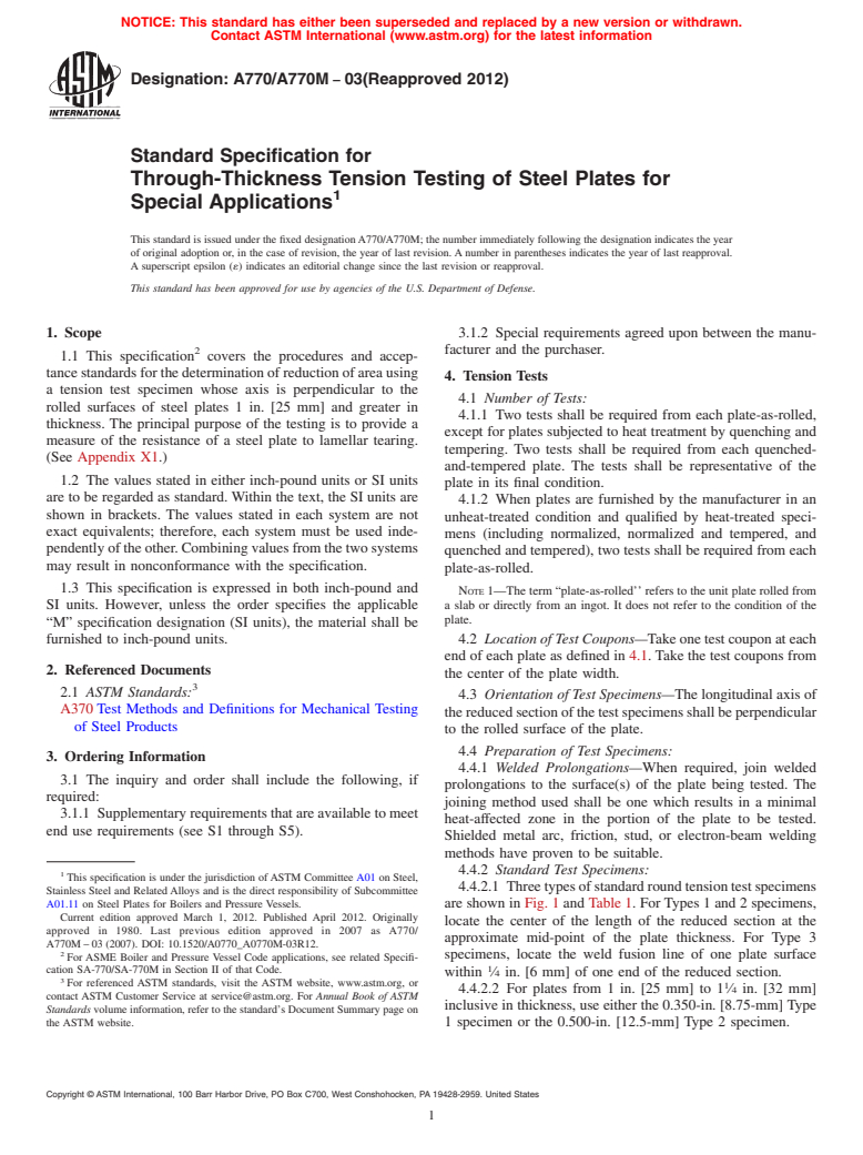 ASTM A770/A770M-03(2012) - Standard Specification for Through-Thickness Tension Testing of Steel Plates for Special Applications