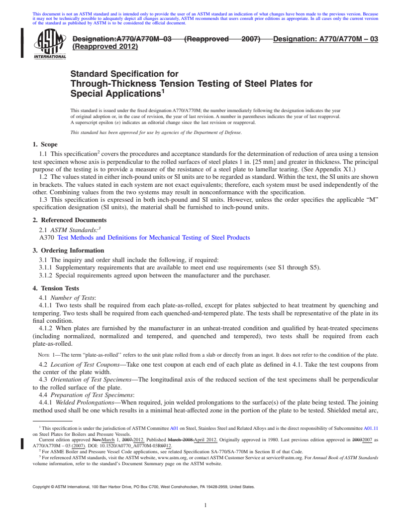 REDLINE ASTM A770/A770M-03(2012) - Standard Specification for Through-Thickness Tension Testing of Steel Plates for Special Applications