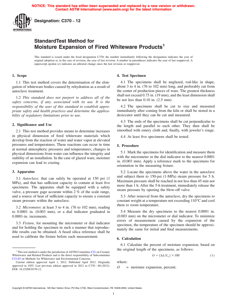 ASTM C370-12 - Standard Test Method for  Moisture Expansion of Fired Whiteware Products