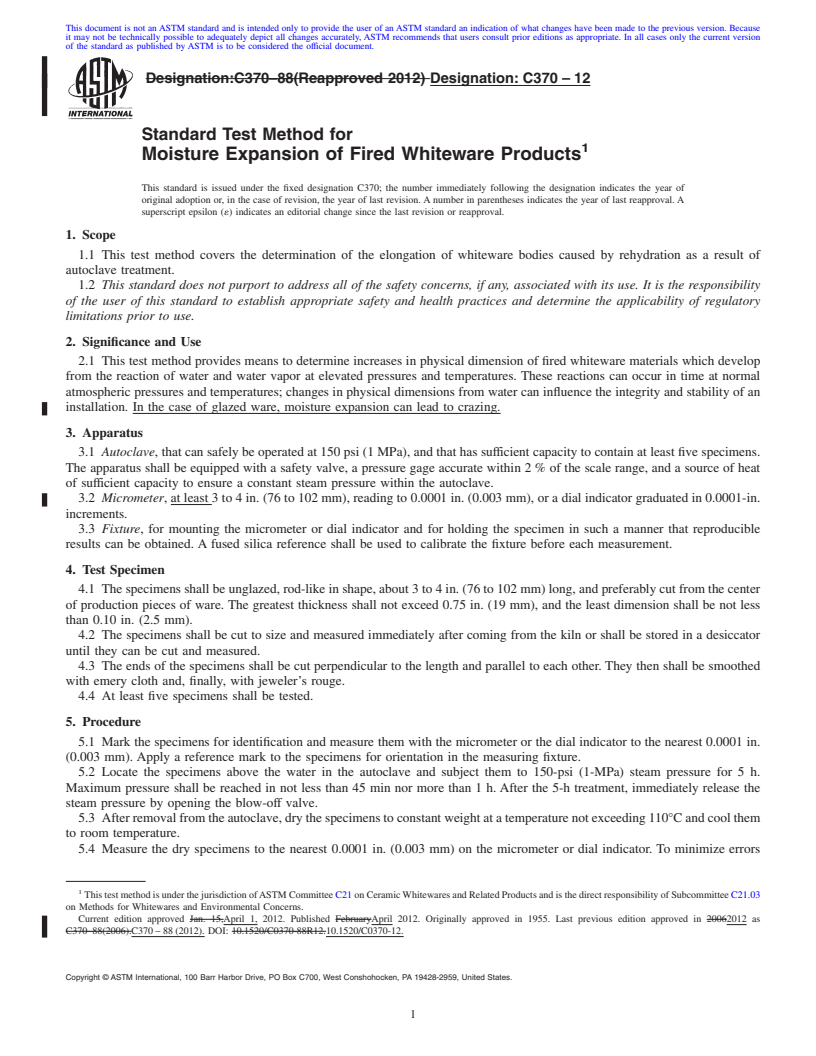 REDLINE ASTM C370-12 - Standard Test Method for  Moisture Expansion of Fired Whiteware Products