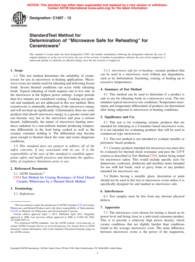 ASTM C1607-12 - Standard Test Method for Determination of &ldquo;Microwave Safe for Reheating&rdquo; for Ceramicware