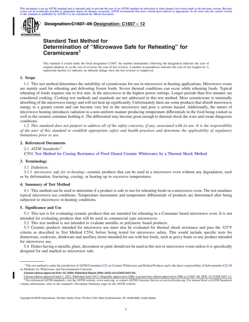 REDLINE ASTM C1607-12 - Standard Test Method for Determination of &ldquo;Microwave Safe for Reheating&rdquo; for Ceramicware