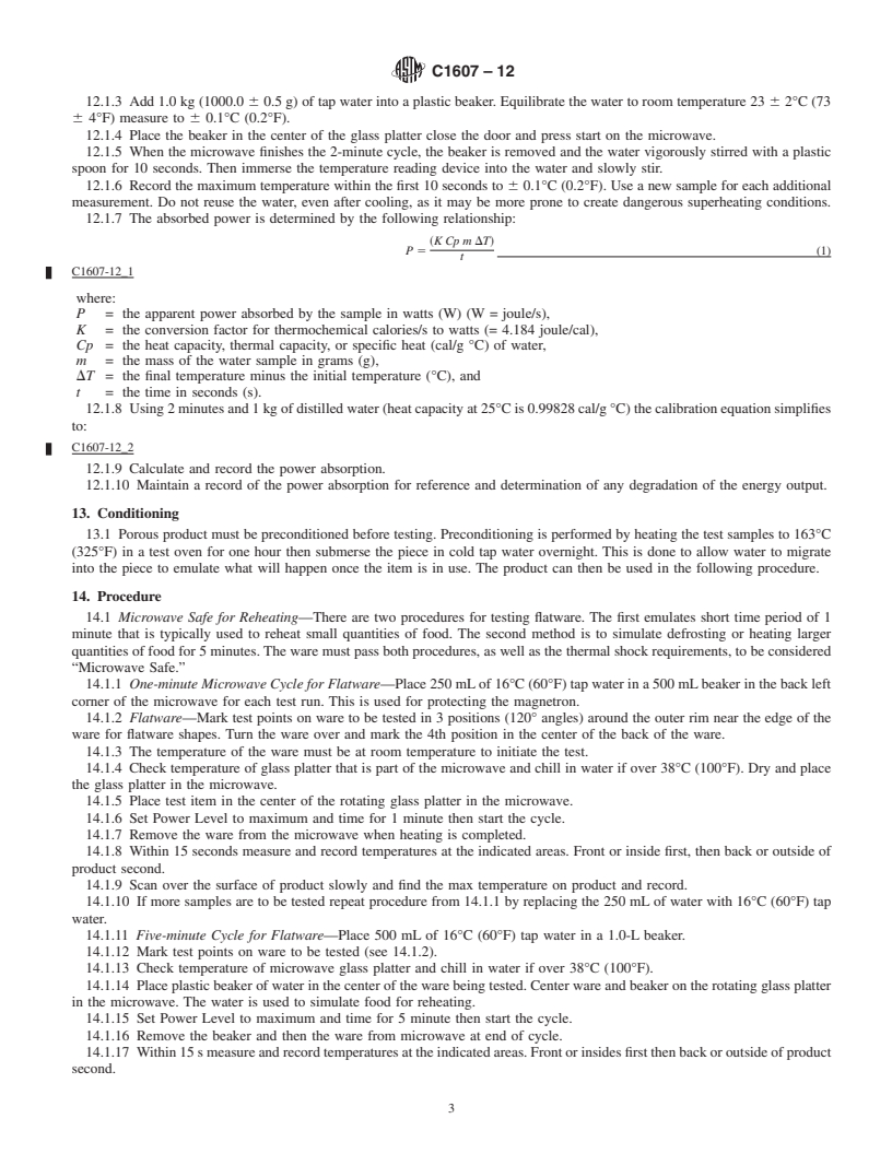 REDLINE ASTM C1607-12 - Standard Test Method for Determination of &ldquo;Microwave Safe for Reheating&rdquo; for Ceramicware