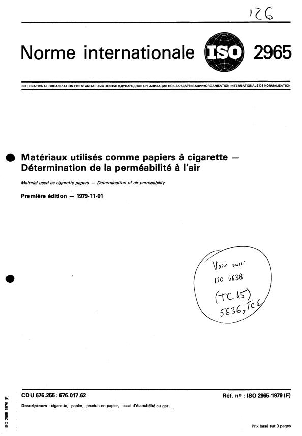 ISO 2965:1979 - Matériaux utilisés comme papiers a cigarette -- Détermination de la perméabilité a l'air