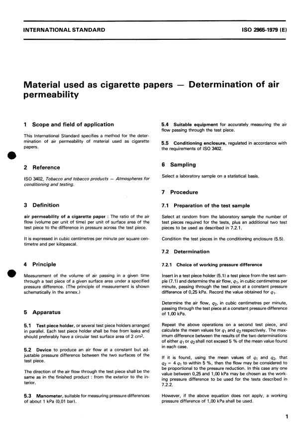 ISO 2965:1979 - Material used as cigarette papers -- Determination of air permeability