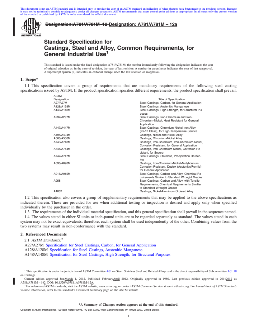 REDLINE ASTM A781/A781M-12a - Standard Specification for  Castings, Steel and Alloy, Common Requirements, for General Industrial Use