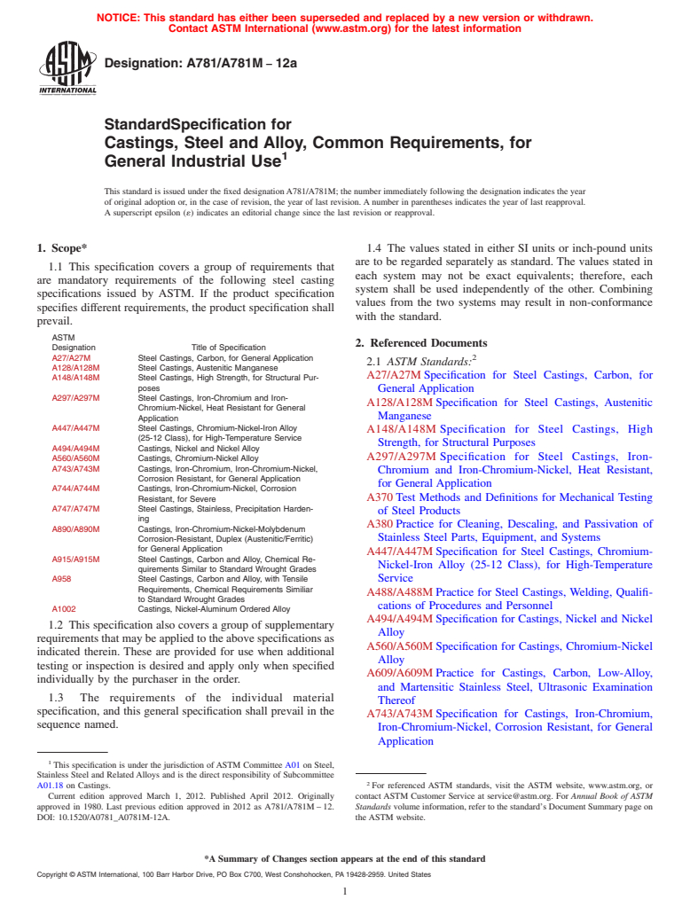 ASTM A781/A781M-12a - Standard Specification for  Castings, Steel and Alloy, Common Requirements, for General Industrial Use