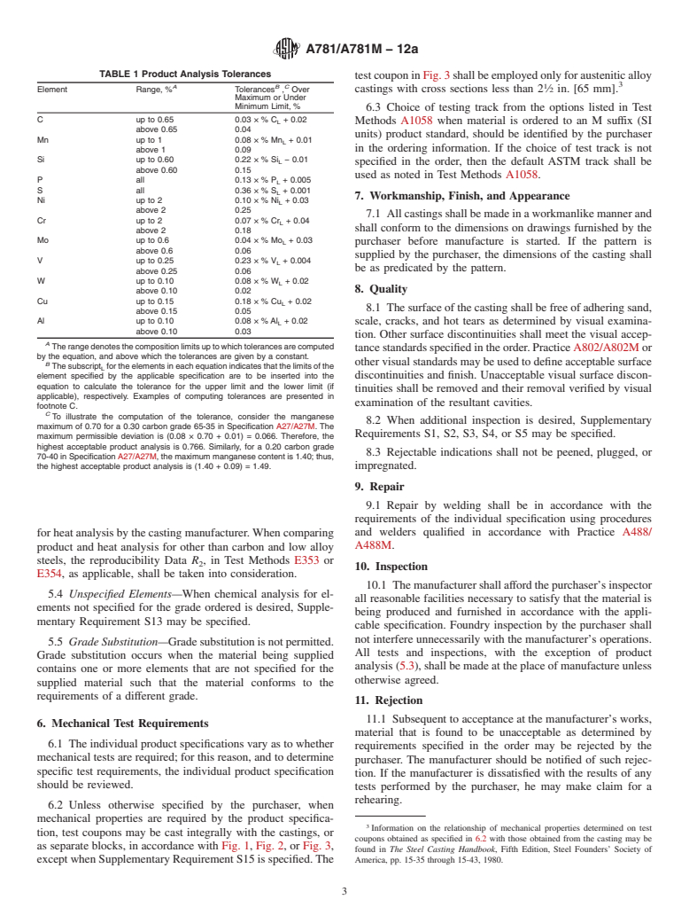 ASTM A781/A781M-12a - Standard Specification for  Castings, Steel and Alloy, Common Requirements, for General Industrial Use