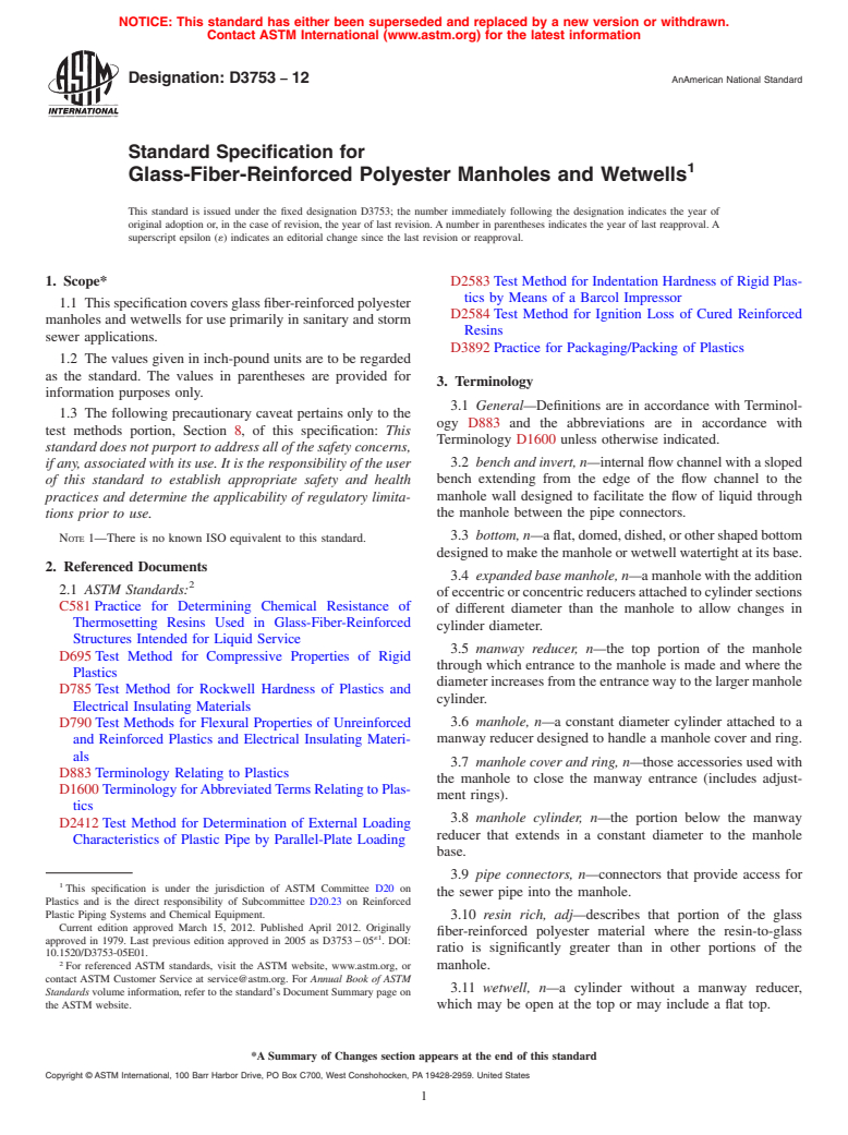 ASTM D3753-12 - Standard Specification for  Glass-Fiber-Reinforced Polyester Manholes and Wetwells