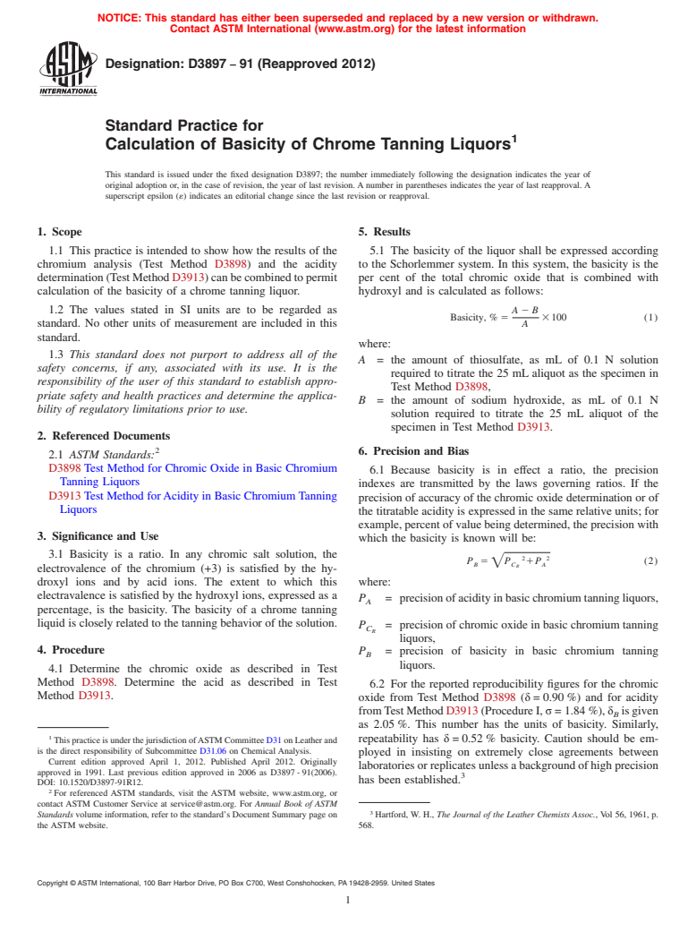 ASTM D3897-91(2012) - Standard Practice for Calculation of Basicity of Chrome Tanning Liquors