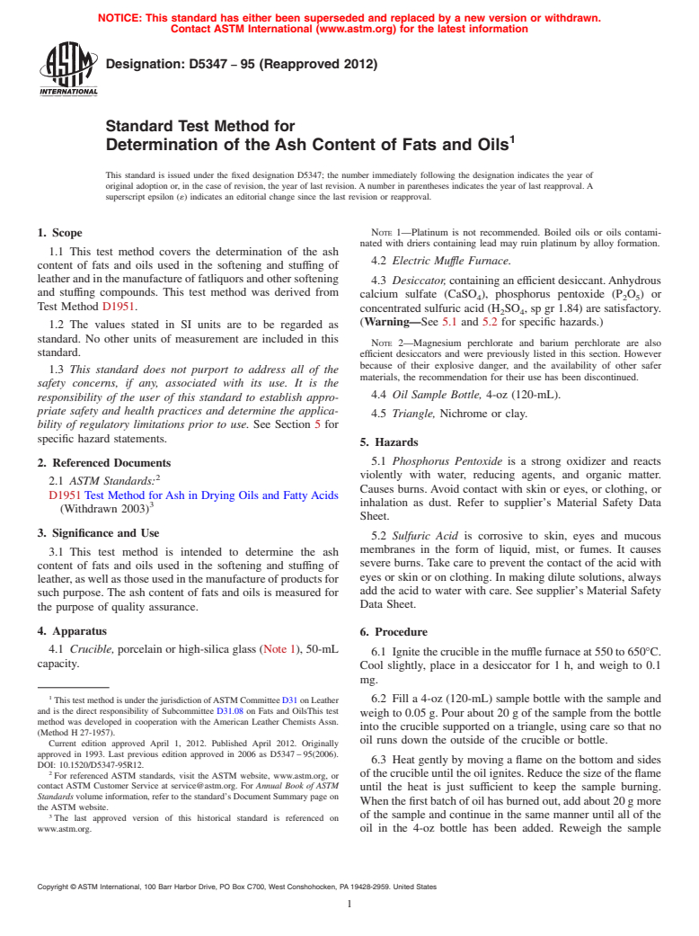 ASTM D5347-95(2012) - Standard Test Method for Determination of the Ash Content of Fats and Oils